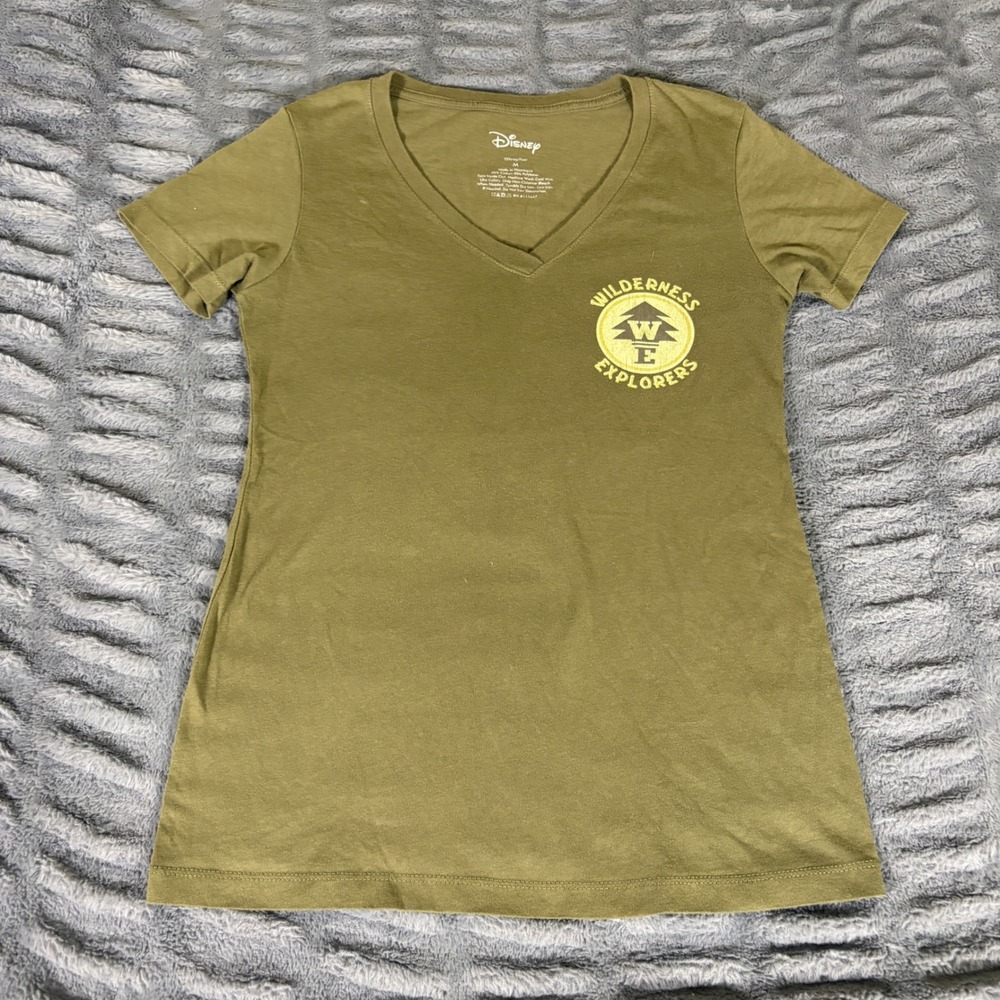 Disney Pixar Up Wilderness Explorers V-Neck Graphic T-Shirt Olive Green Medium